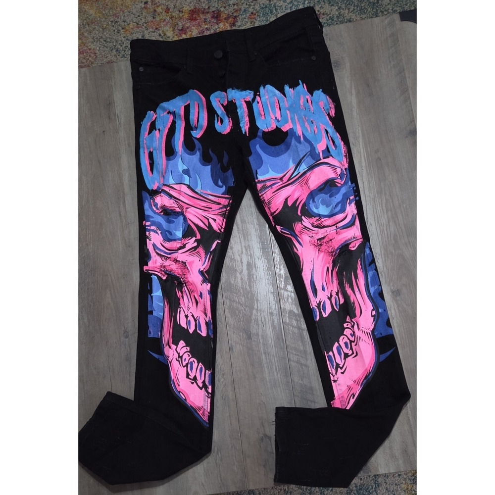 GFTD Black Henry Pants With Gothic Streetwear Punk Skull & Flames Men Size 30